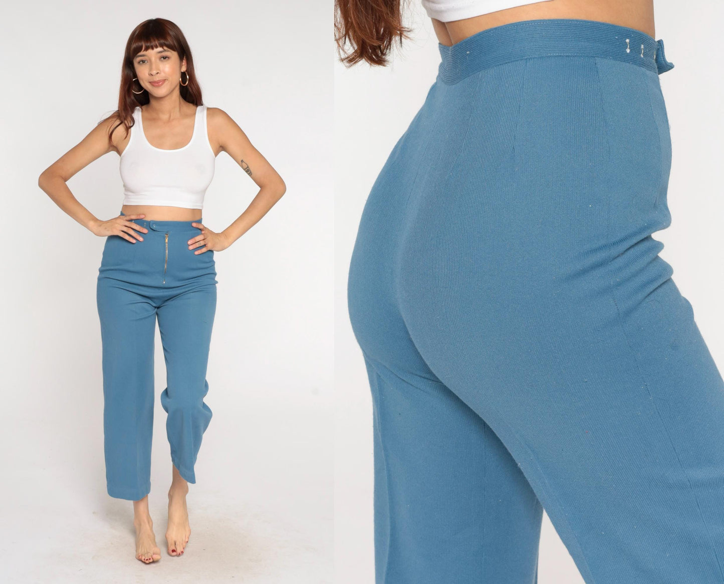 70s Dusty Blue High-Waisted Straight Leg Cropped Trousers Extra Small XS