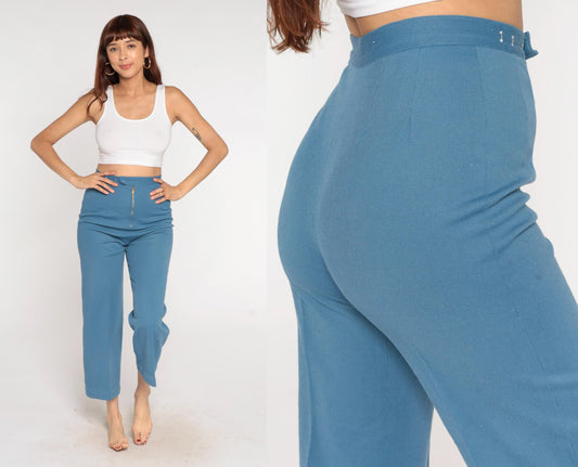 70s Dusty Blue High-Waisted Straight Leg Cropped Trousers Extra Small XS