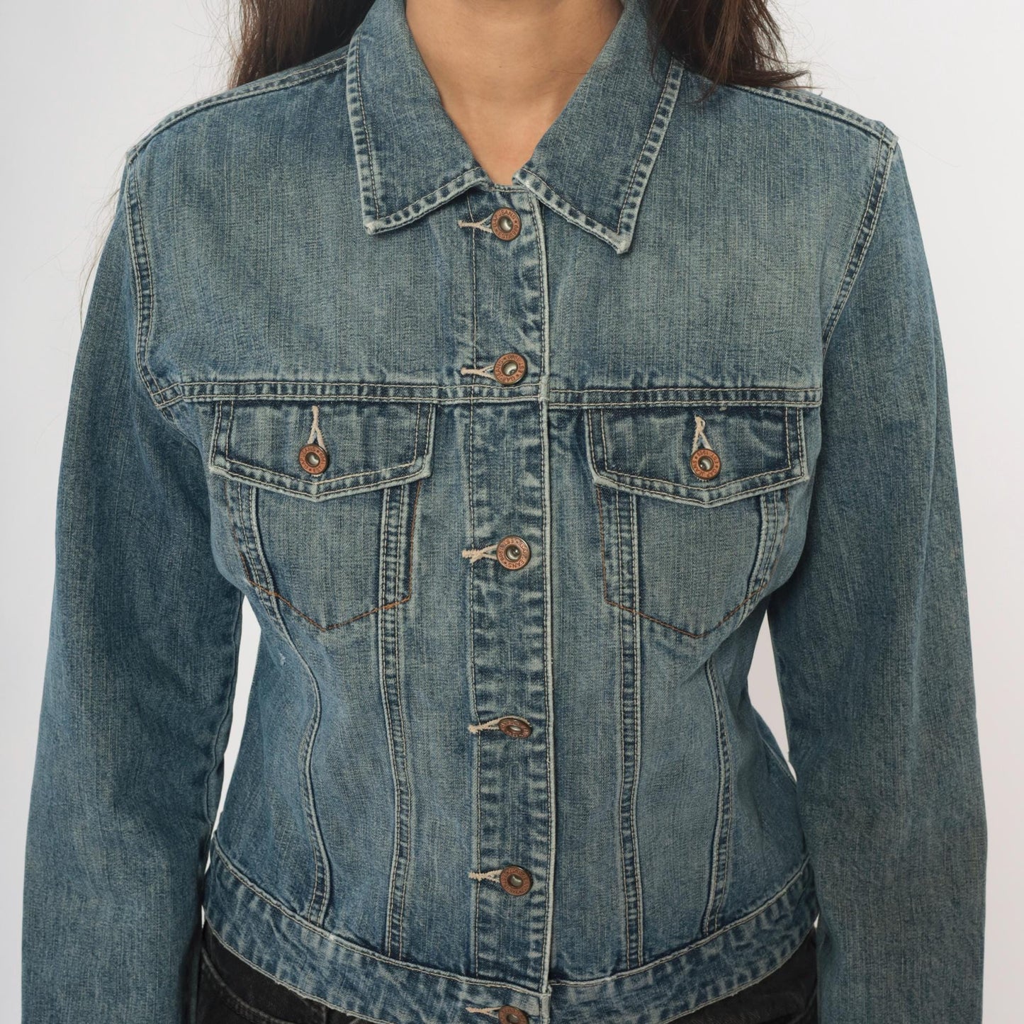 Y2K Gap Light Wash Denim Jacket Princess Seam Fitted Cropped Medium M