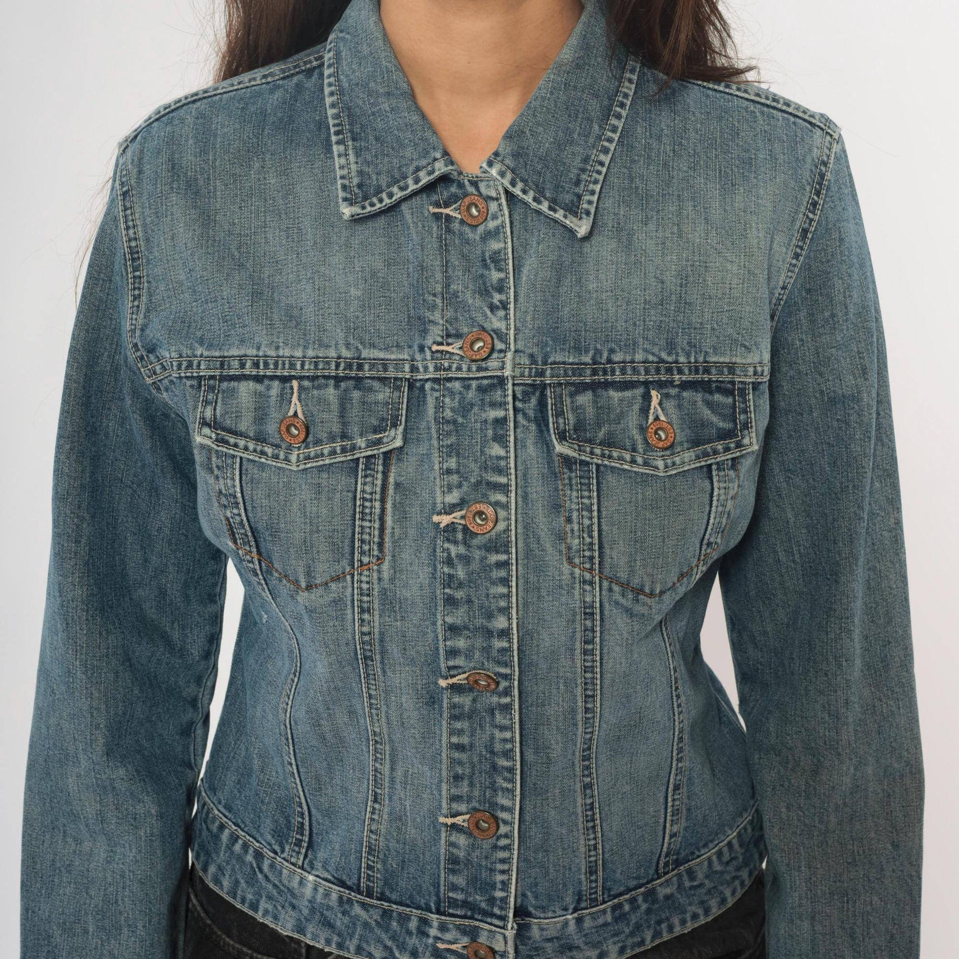 Y2K Gap Light Wash Denim Jacket Princess Seam Fitted Cropped Medium M