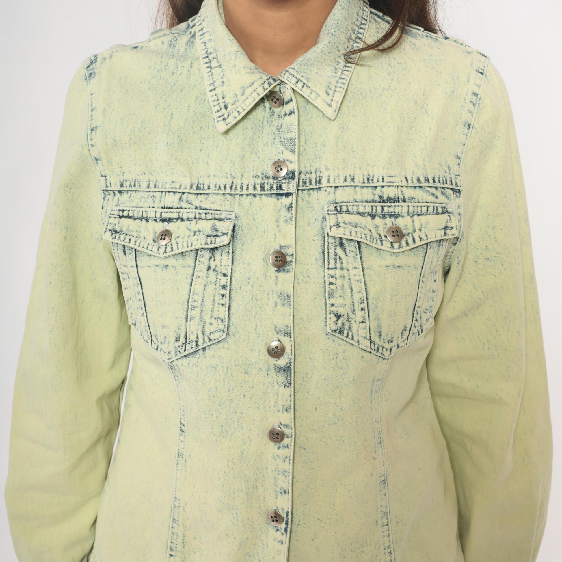 90s Get Together Acid Wash Denim Shirt Yellow Cotton Small