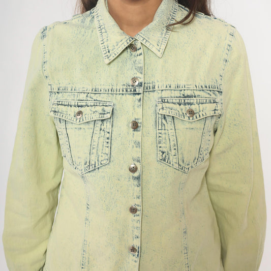 90s Get Together Acid Wash Denim Shirt Yellow Cotton Small