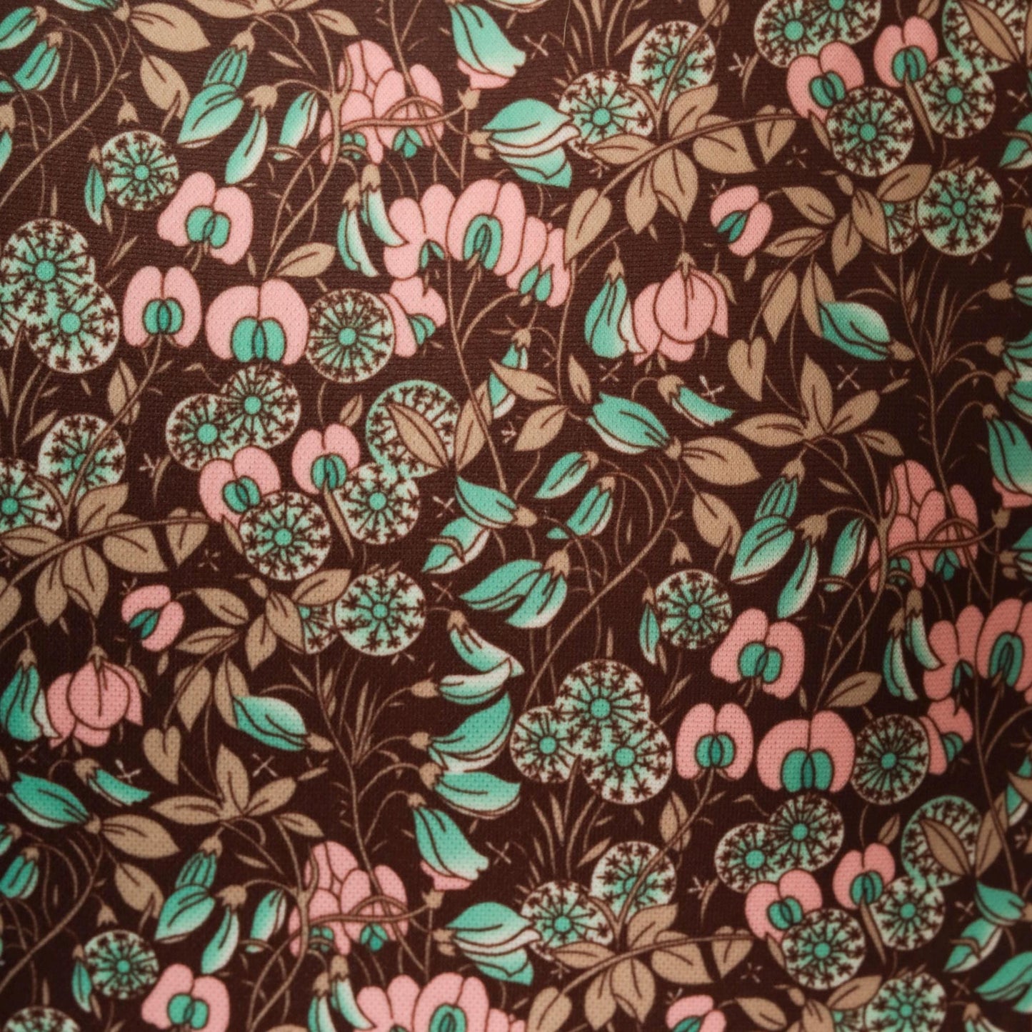 70s Floral Pullover Blouse Brown Pink Mint Crew Neck Long Sleeve Medium