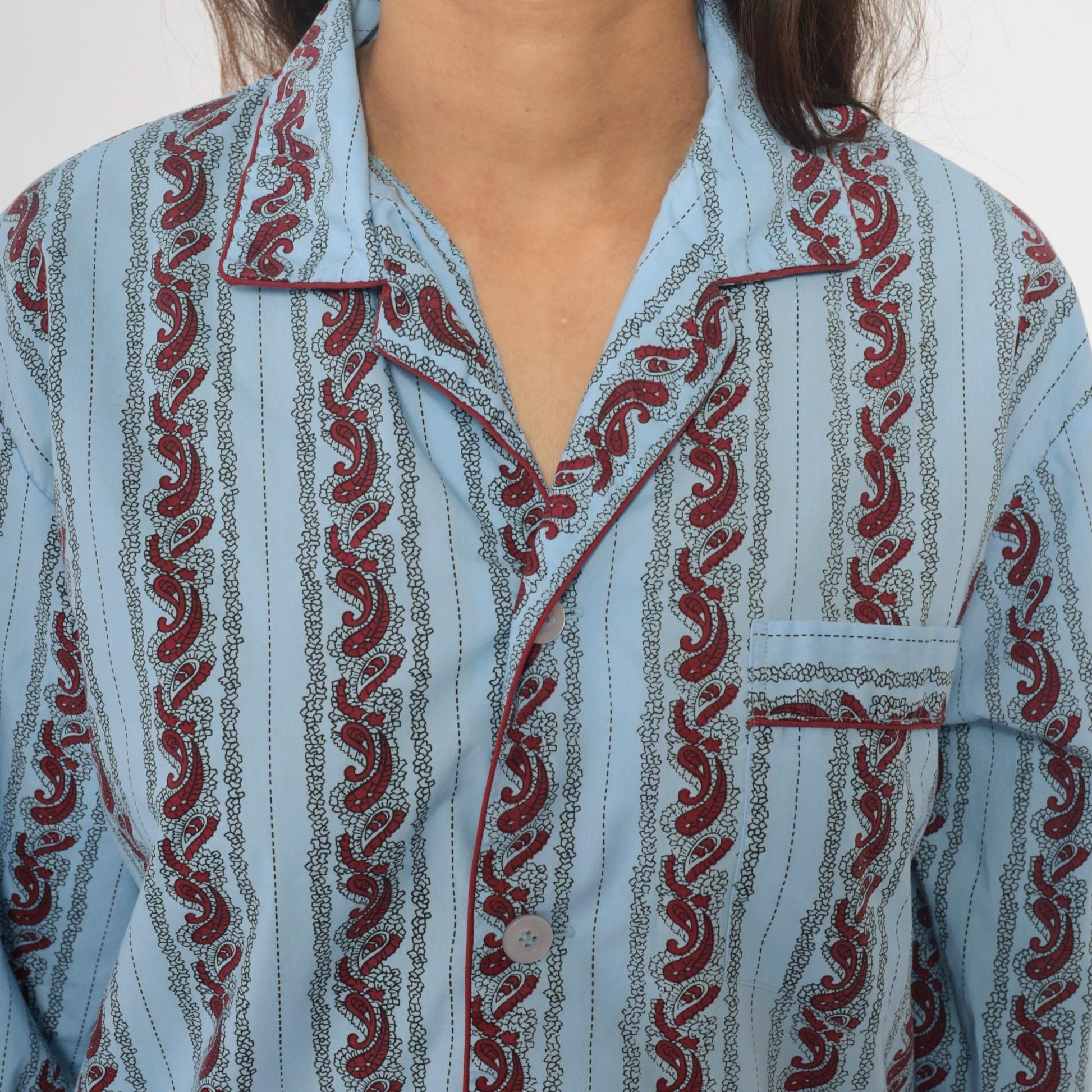 90s Paisley Stripe Pajama Shirt Light Blue Burgundy Cotton Notched Collar Large