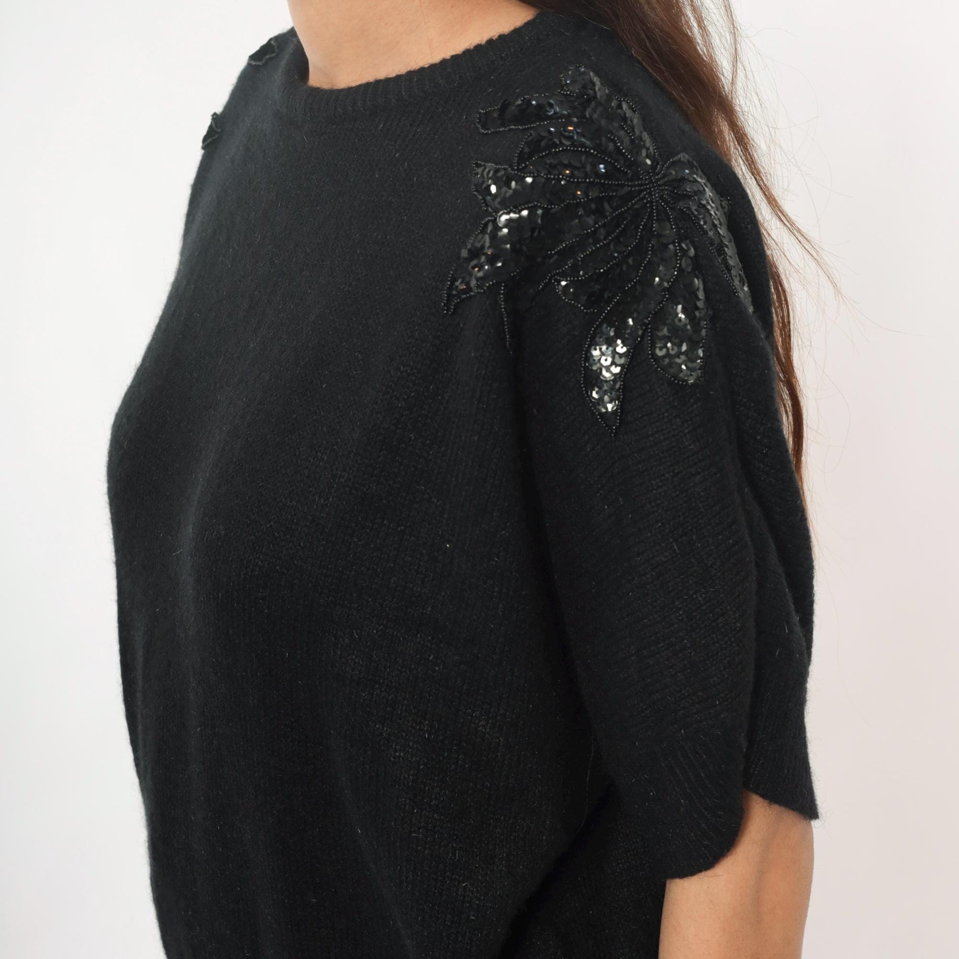90s Justin B Jones Black Sequin Shoulder Knit Sweater Medium M