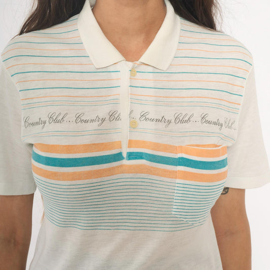 80s Country Club Polo Shirt Striped Cream Teal Peach Small
