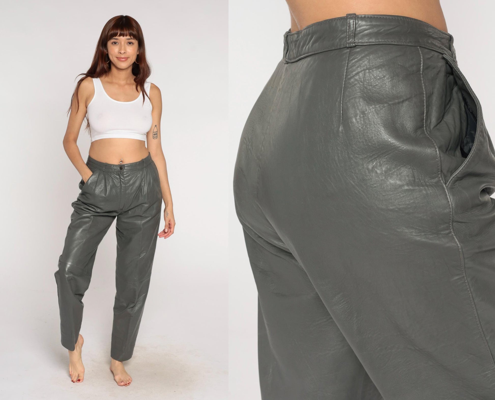 80s Grey Leather Pants High Waist Pleated Front Tapered Leg Medium