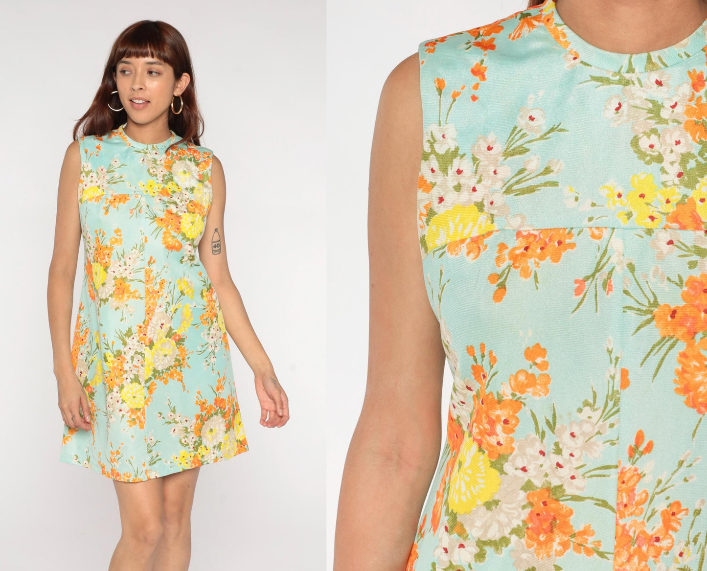 60s Aqua Floral Mini Shift Dress Sleeveless Mock Neck Small