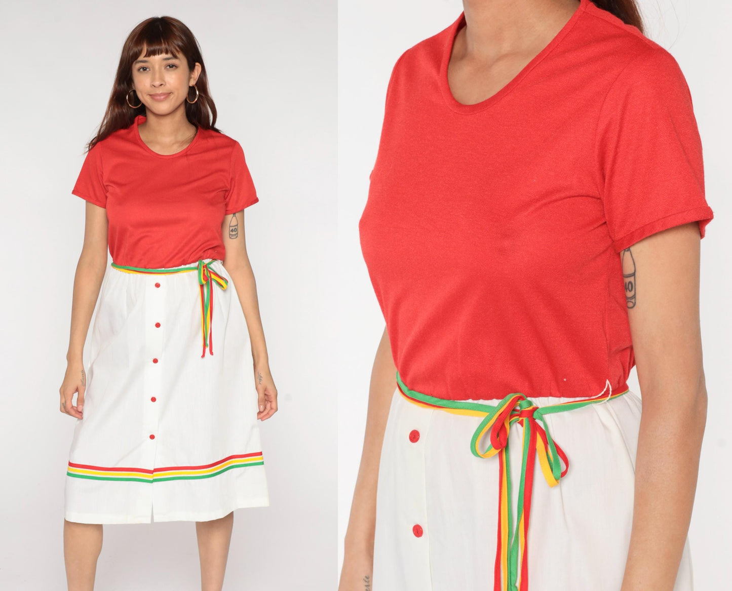 80s Star Shine Colorblock Dress Coral White Rainbow Stripe Belt Large