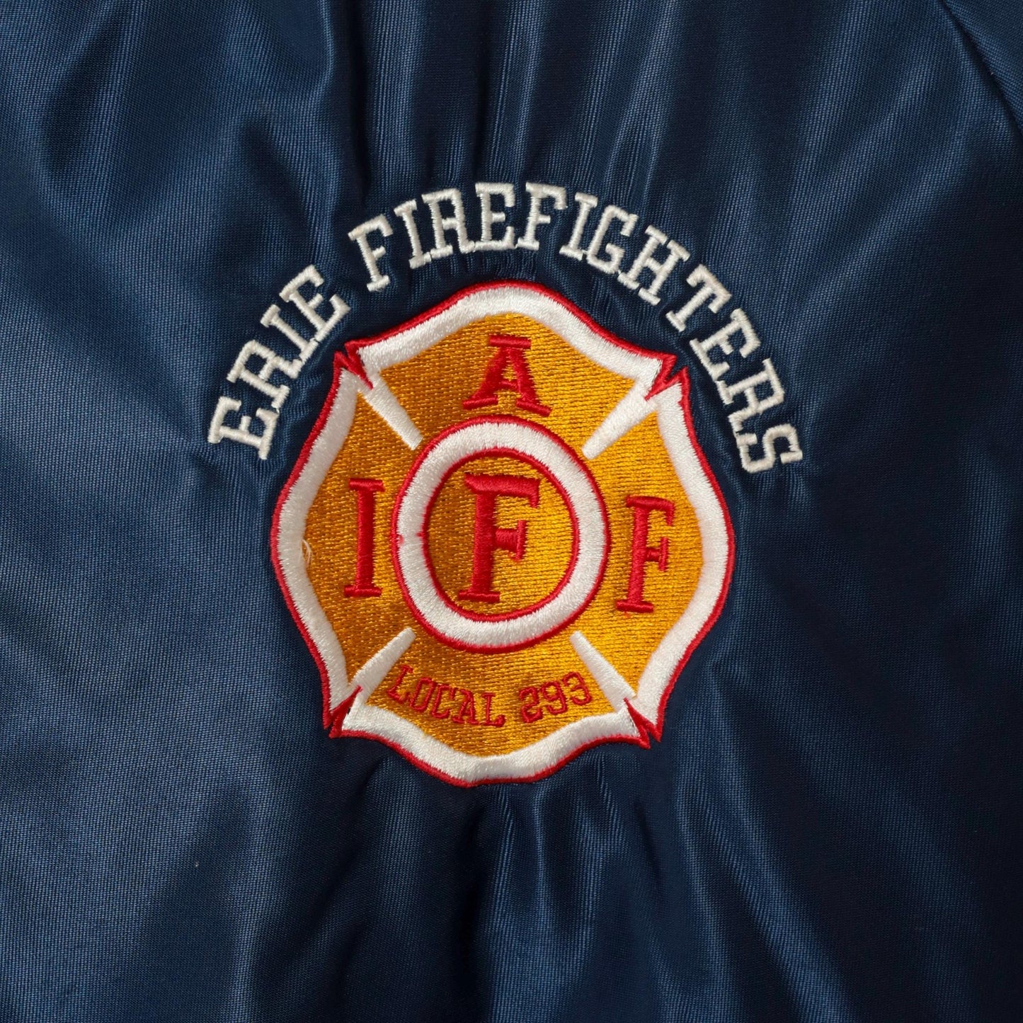 90s Erie Firefighters Navy Satin Bomber Jacket Embroidered Patch Extra Large XL