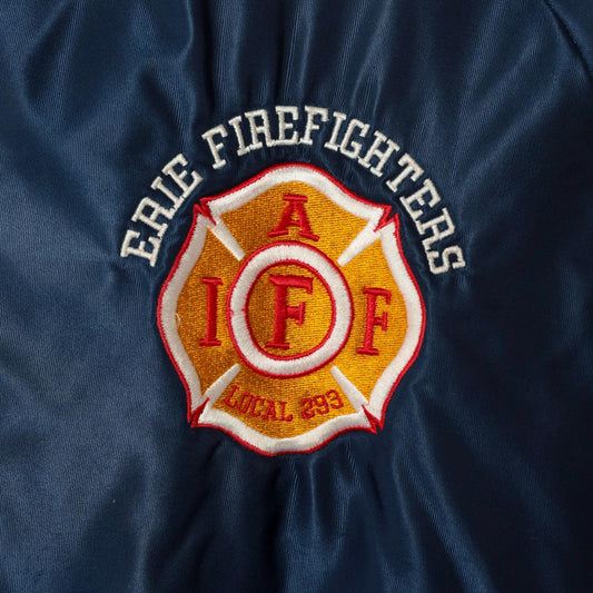 90s Erie Firefighters Navy Satin Bomber Jacket Embroidered Patch Extra Large XL
