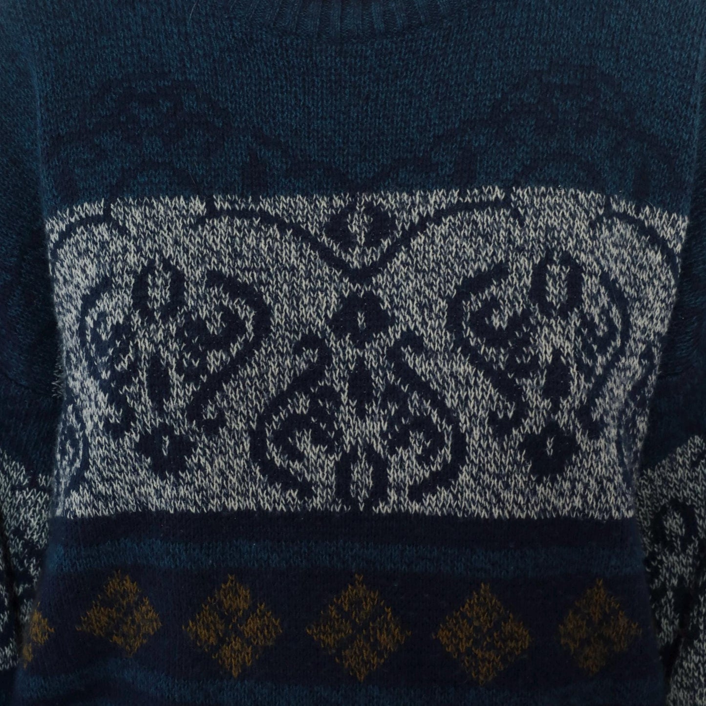 90s Fair Isle Sweater Navy White Gold Geometric Knit Crewneck Large L