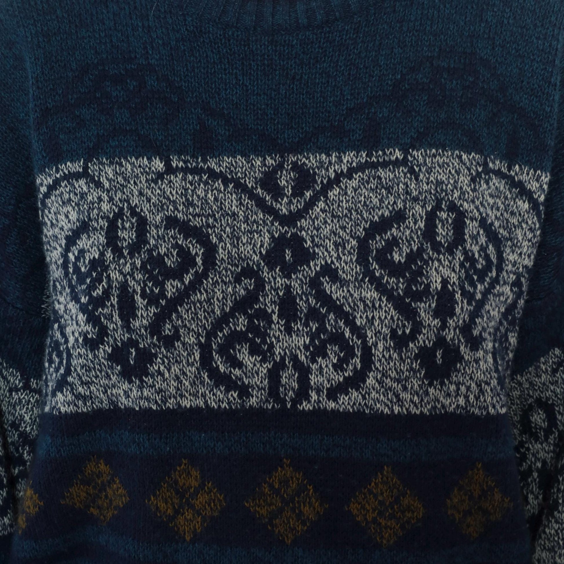 90s Fair Isle Sweater Navy White Gold Geometric Knit Crewneck Large L