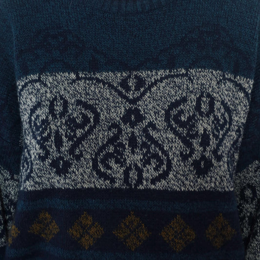 90s Fair Isle Sweater Navy White Gold Geometric Knit Crewneck Large L