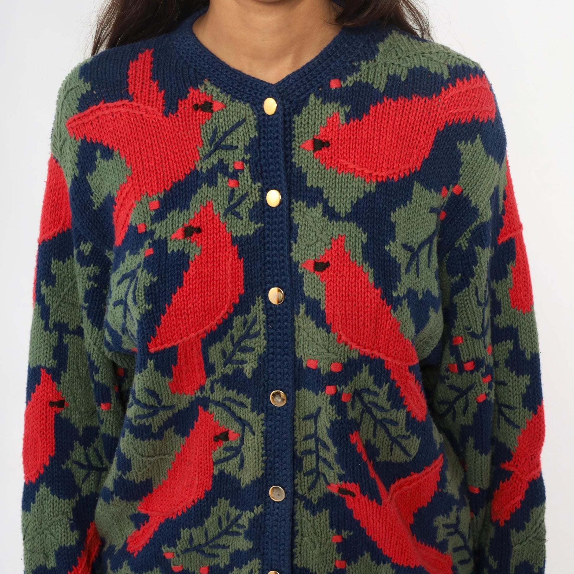 90s Orvis Cardinal Cardigan Navy Botanical Knit Large L