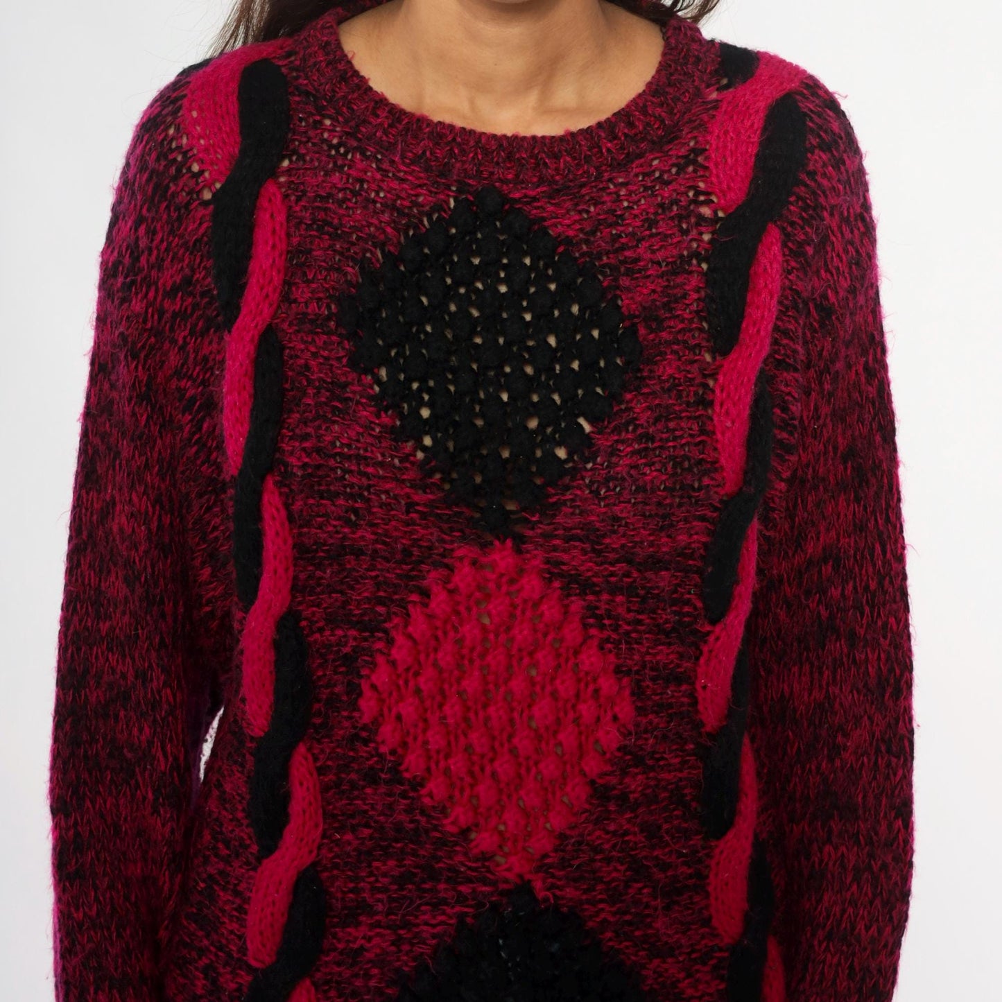80s Safret Burgundy Diamond Cable Knit Sweater Medium M