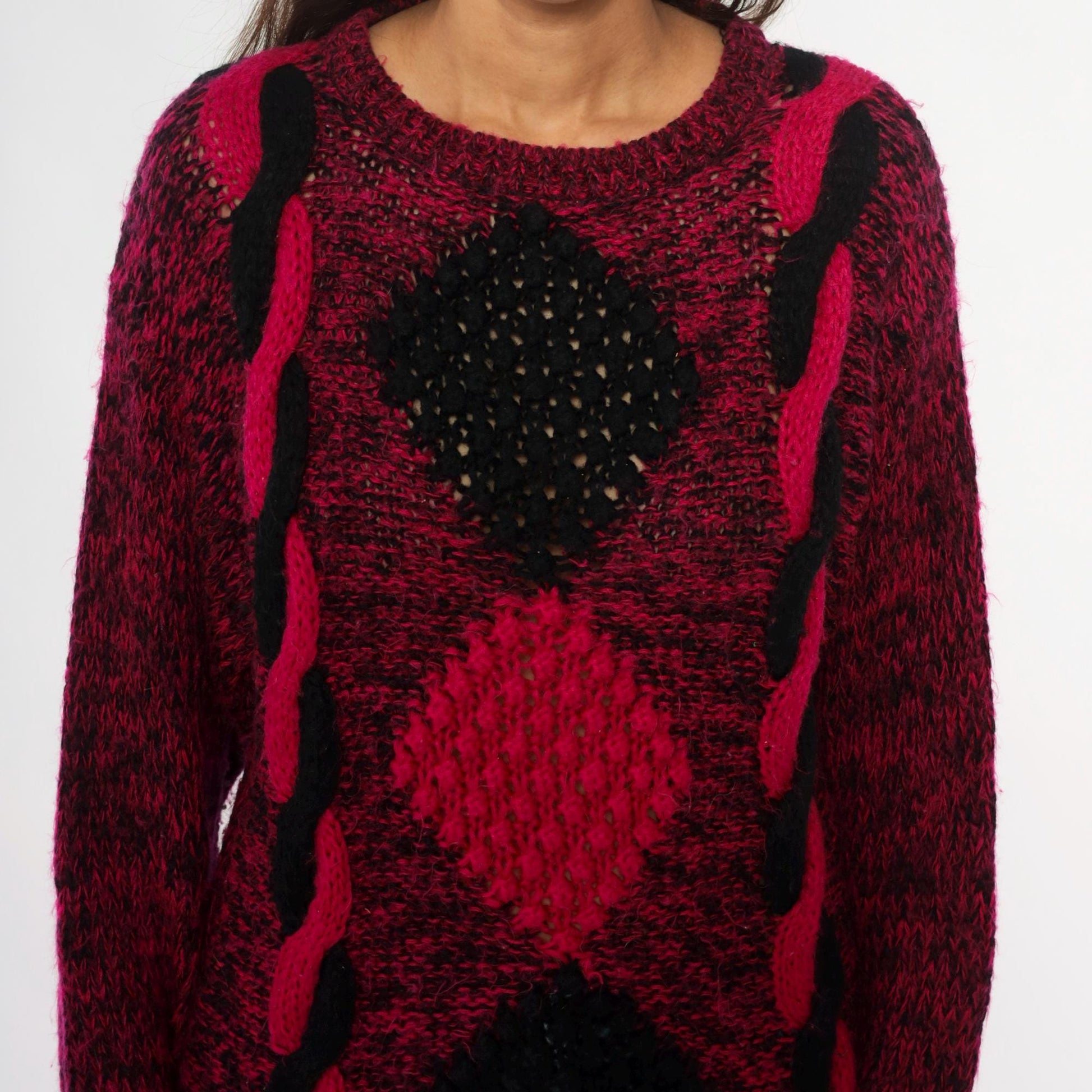 80s Safret Burgundy Diamond Cable Knit Sweater Medium M