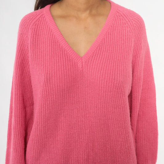 90s Pink V-Neck Sweater Ribbed Knit Pullover Jumper Large L