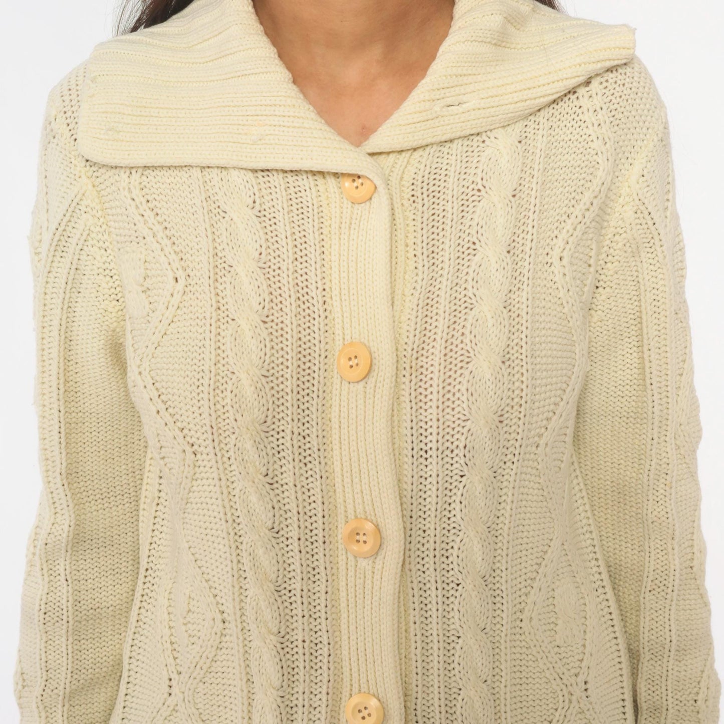 70s Cable Knit Cardigan Cream Shawl Collar Patch Pockets Small