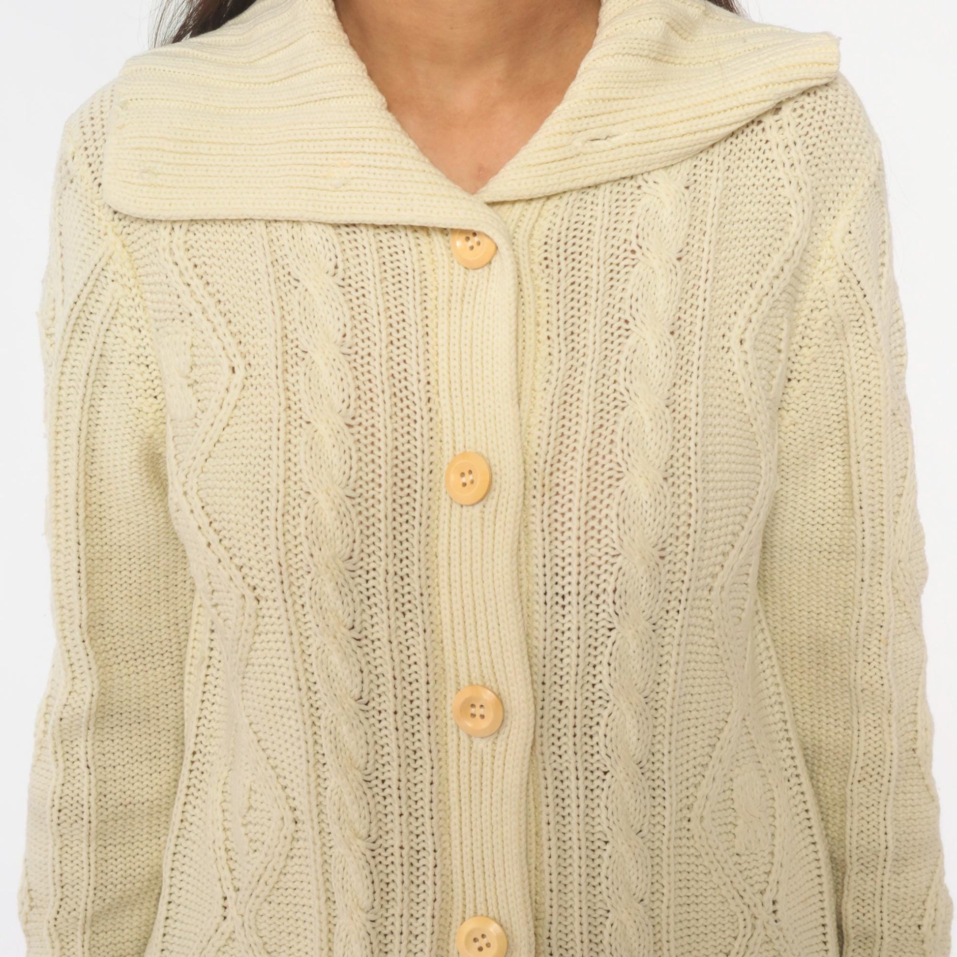 70s Cable Knit Cardigan Cream Shawl Collar Patch Pockets Small
