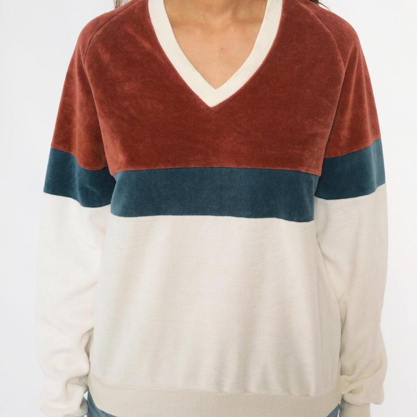 80s Expressions Velour Sweatshirt Color Block Brown Teal Cream Raglan Medium