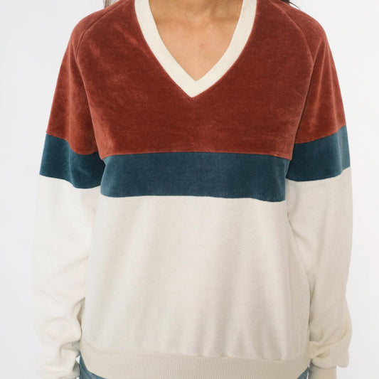 80s Expressions Velour Sweatshirt Color Block Brown Teal Cream Raglan Medium