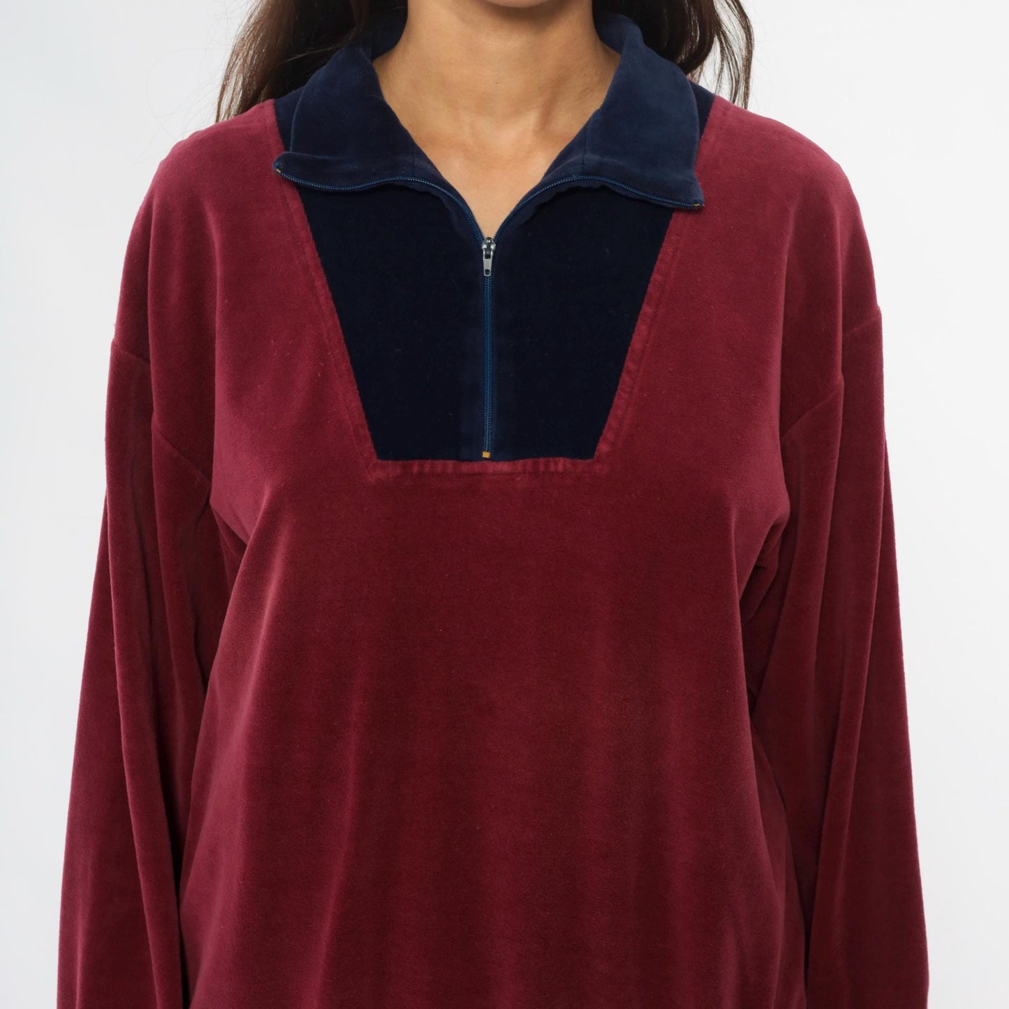 80s Velour Pullover Burgundy Navy Colorblock Half Zip Collared Track Top Medium