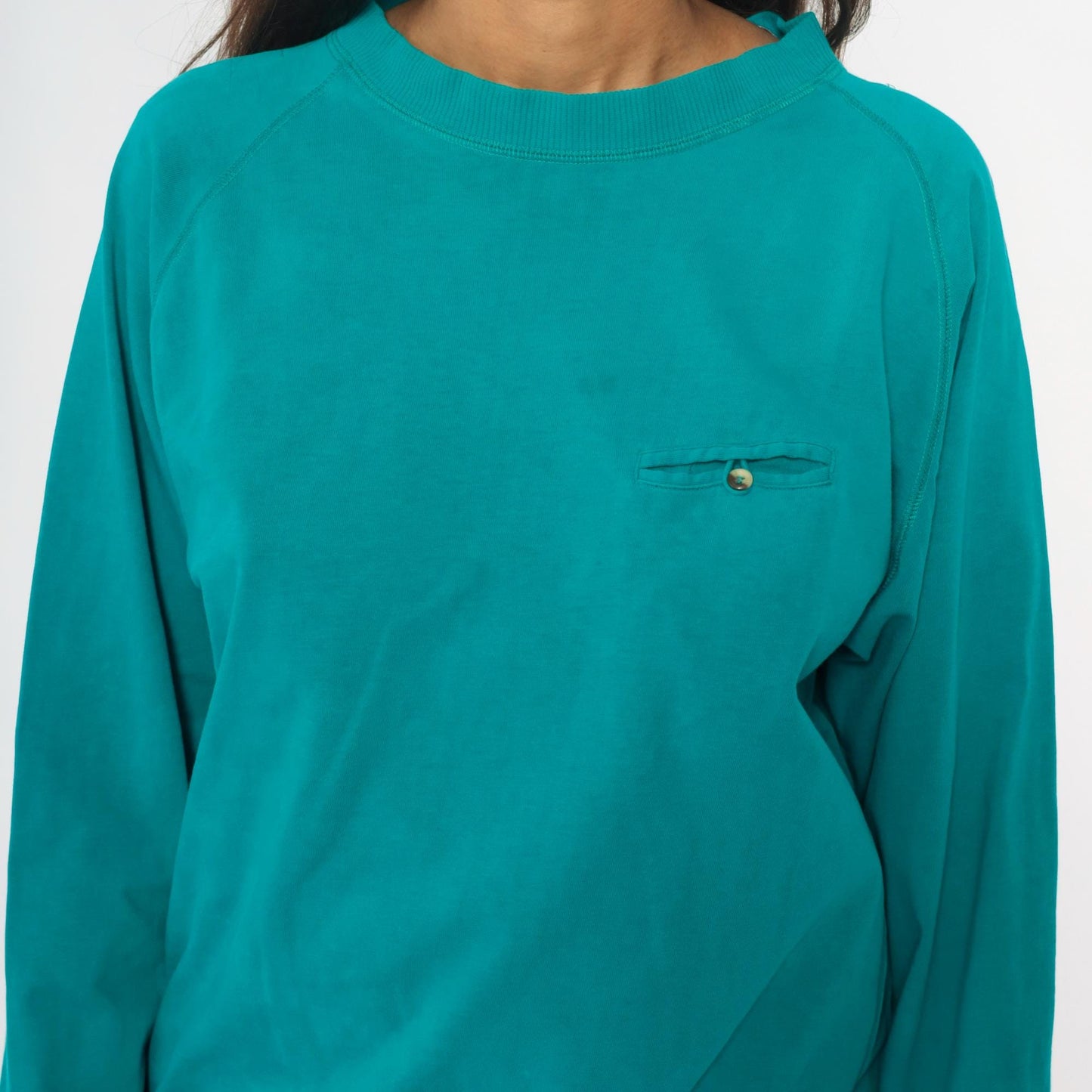 90s Turquoise Cotton Raglan Sweatshirt Pocket Button Detail Medium M
