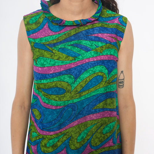 70s Psychedelic Swirl Maxi Dress Blue Green Pink Wave Print Sleeveless Extra Small