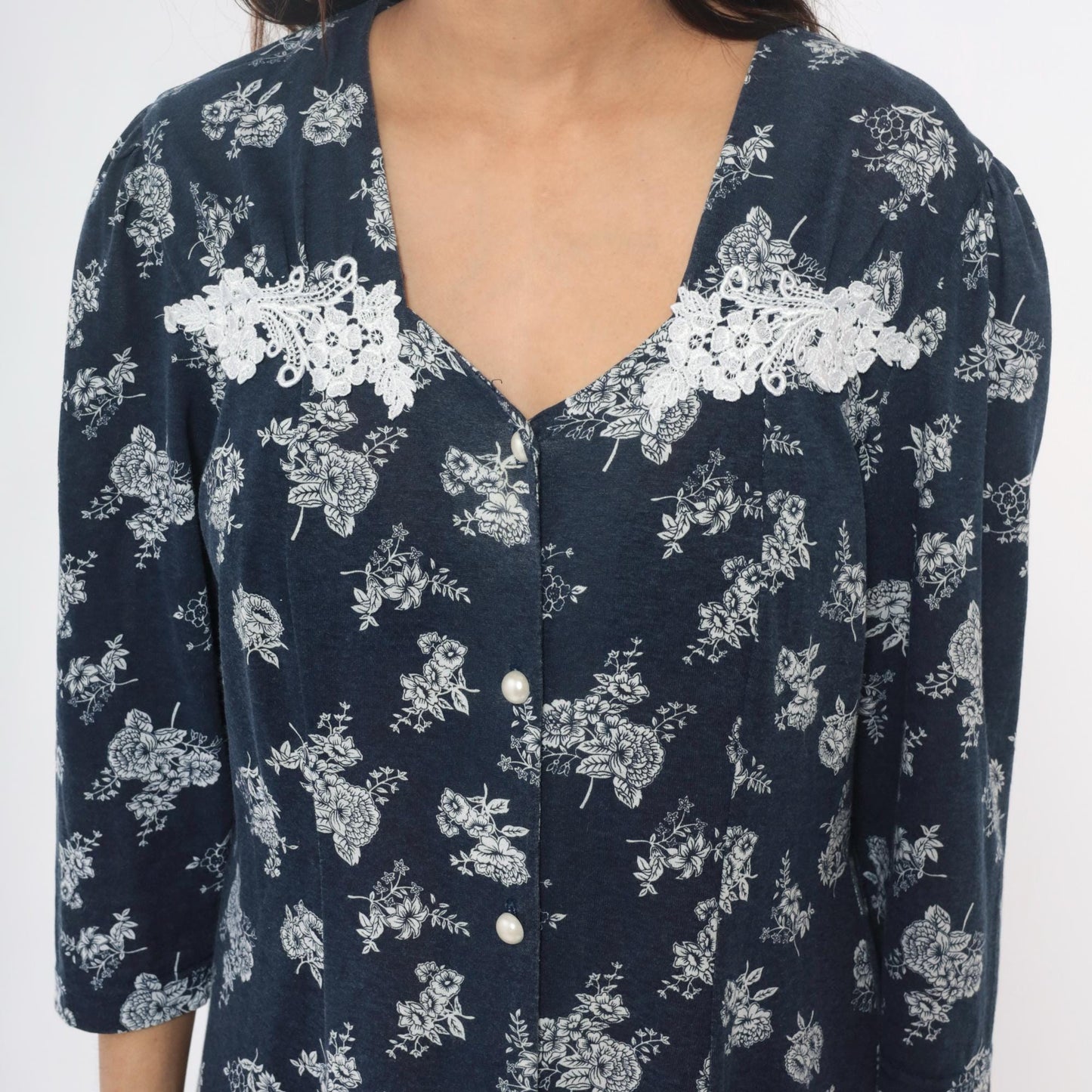 90s Navy Floral Maxi Dress Lace Collar Button Front Three Quarter Sleeve Extra Large XXL