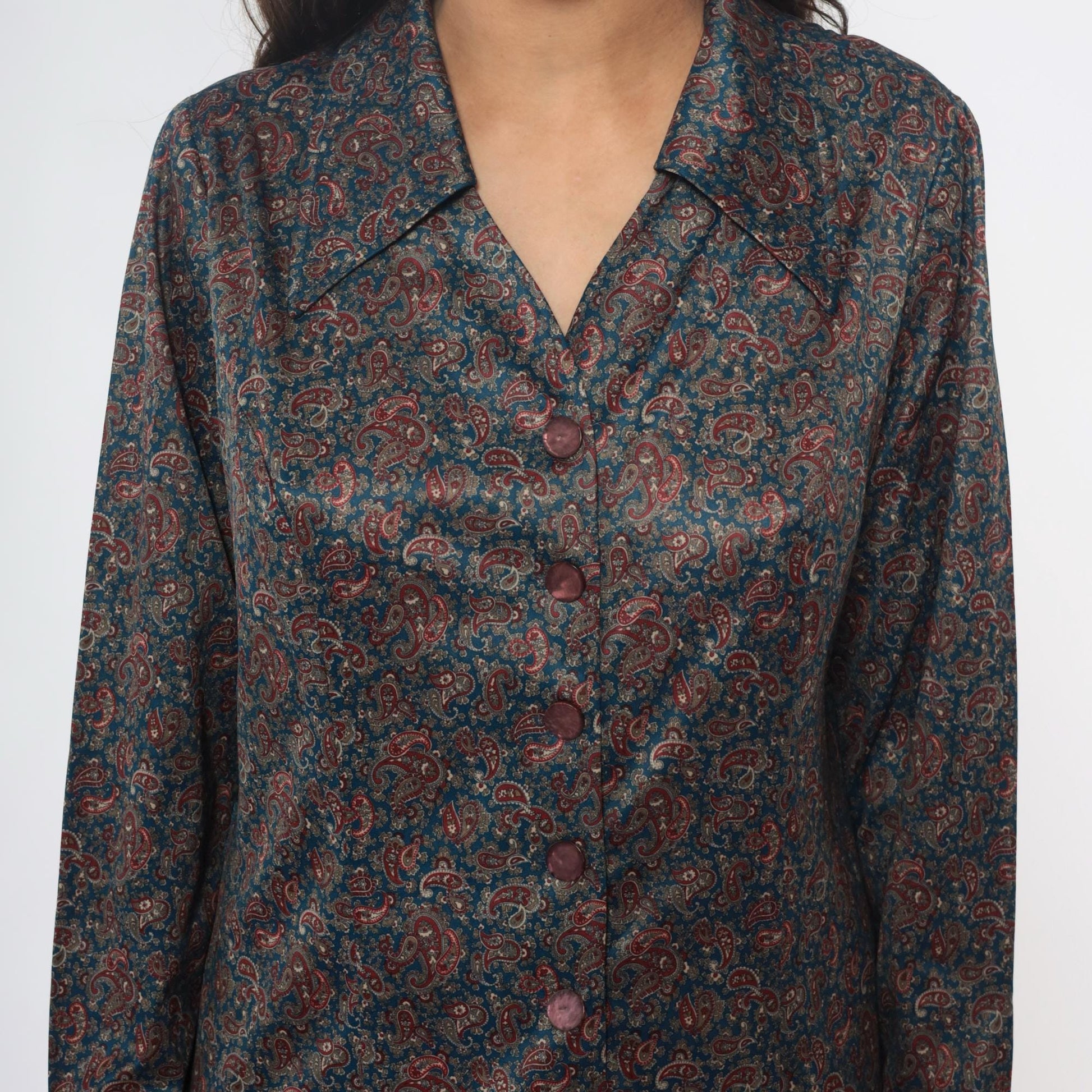 70s Paisley Shirt Dress Collared Button Front Long Sleeve Blue Large L