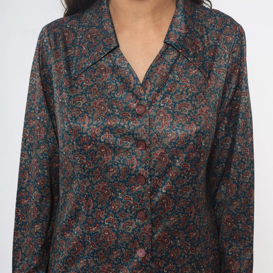 70s Paisley Shirt Dress Collared Button Front Long Sleeve Blue Large L