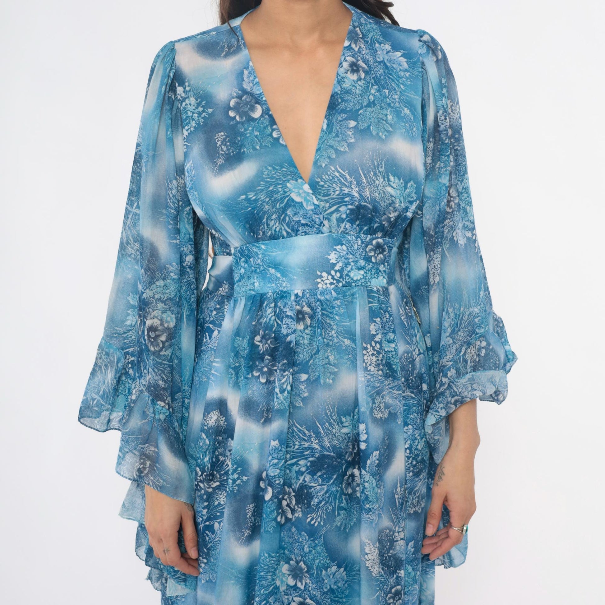 70s Blue Floral Angel Sleeve Maxi Dress Wrap Bodice Small Medium