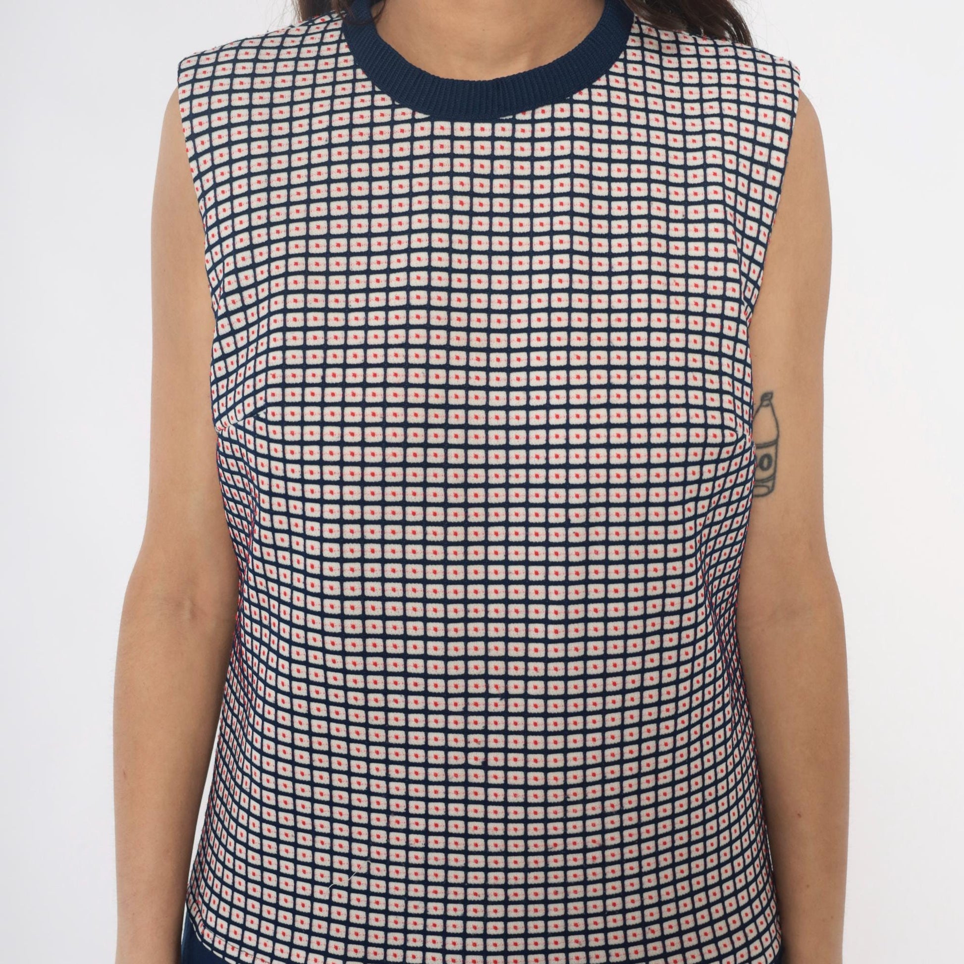 70s Navy Checkered Colorblock Dress Pleated Skirt Sleeveless Large L