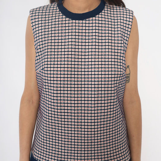 70s Navy Checkered Colorblock Dress Pleated Skirt Sleeveless Large L