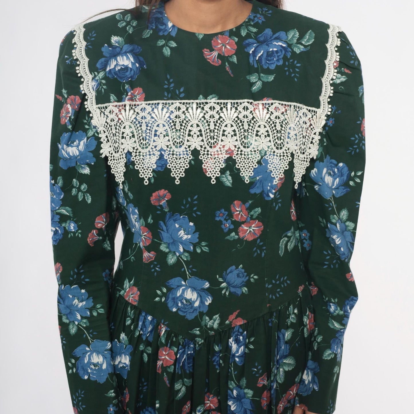 80s Jessica McClintock Gunne Sax Forest Green Floral Midi Dress Crochet Lace Medium M