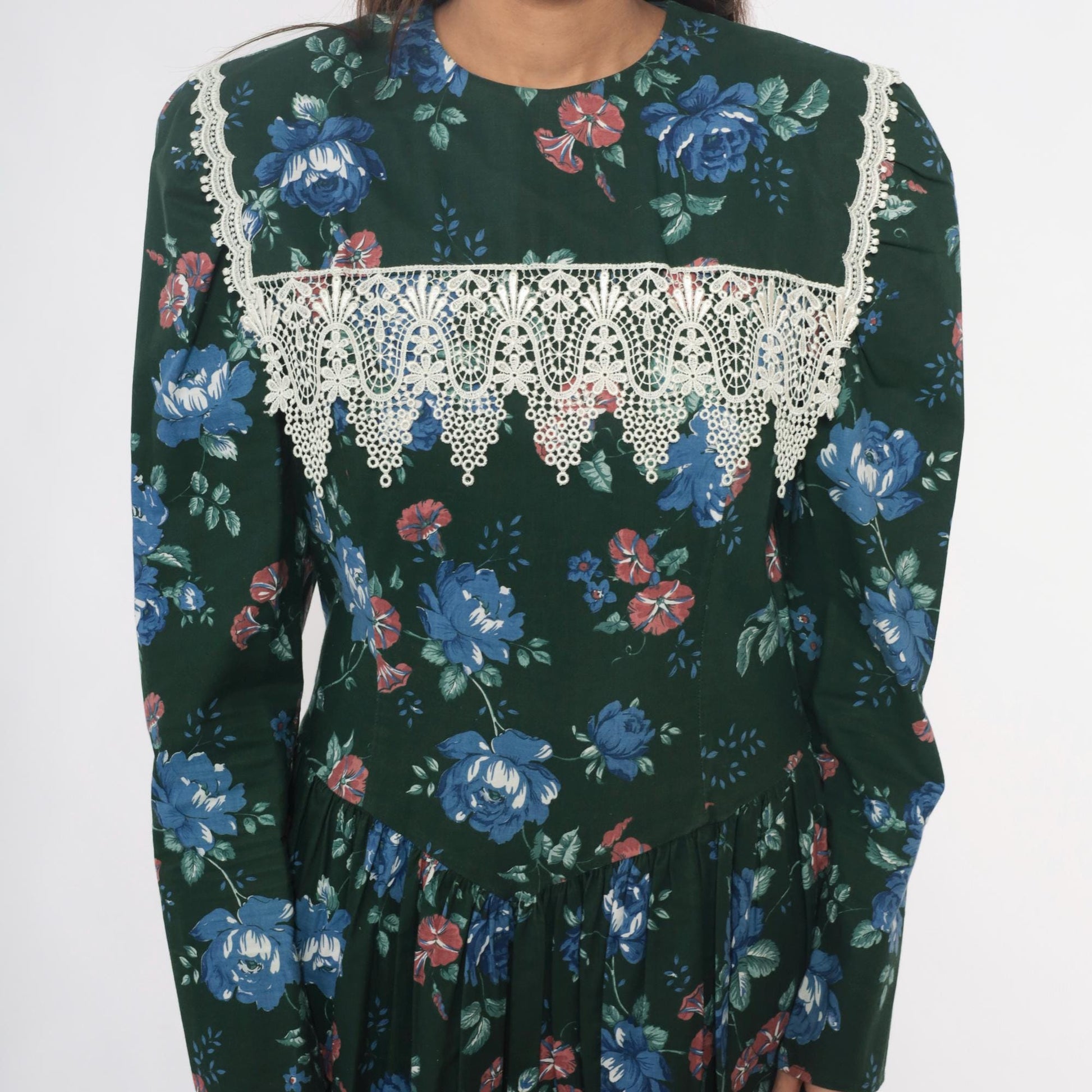 80s Jessica McClintock Gunne Sax Forest Green Floral Midi Dress Crochet Lace Medium M