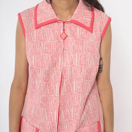 60s Pink Mod Mini Dress White Geometric Collared Zip Front Medium