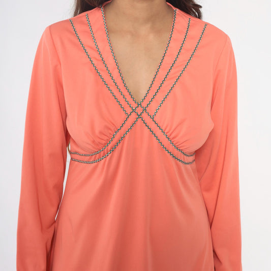 70s Coral Mini Dress Chain Trim V-Neck Long Sleeve Shift Dress Large
