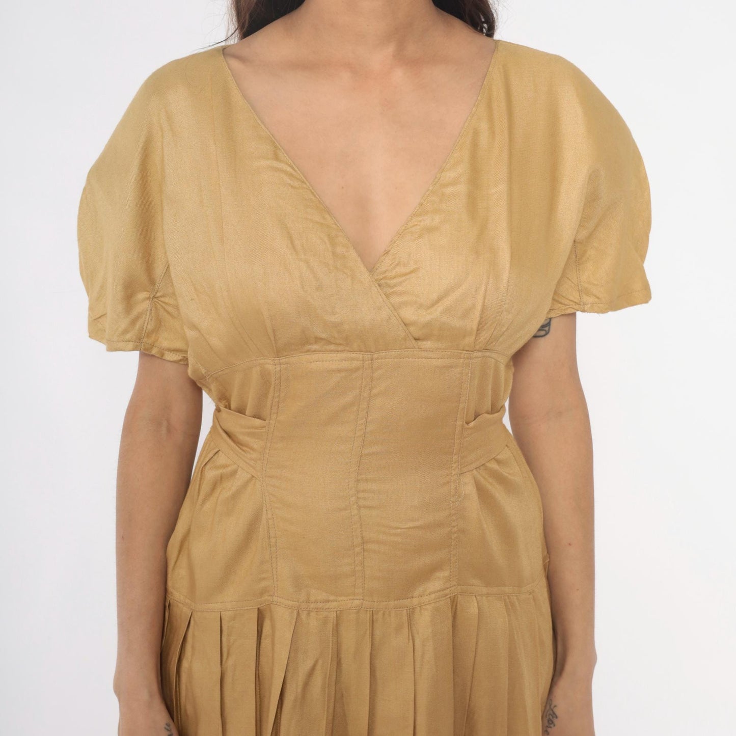 80s Golden Yellow Sundress Puff Sleeve V-Neck Tie Waist Pleated Small S