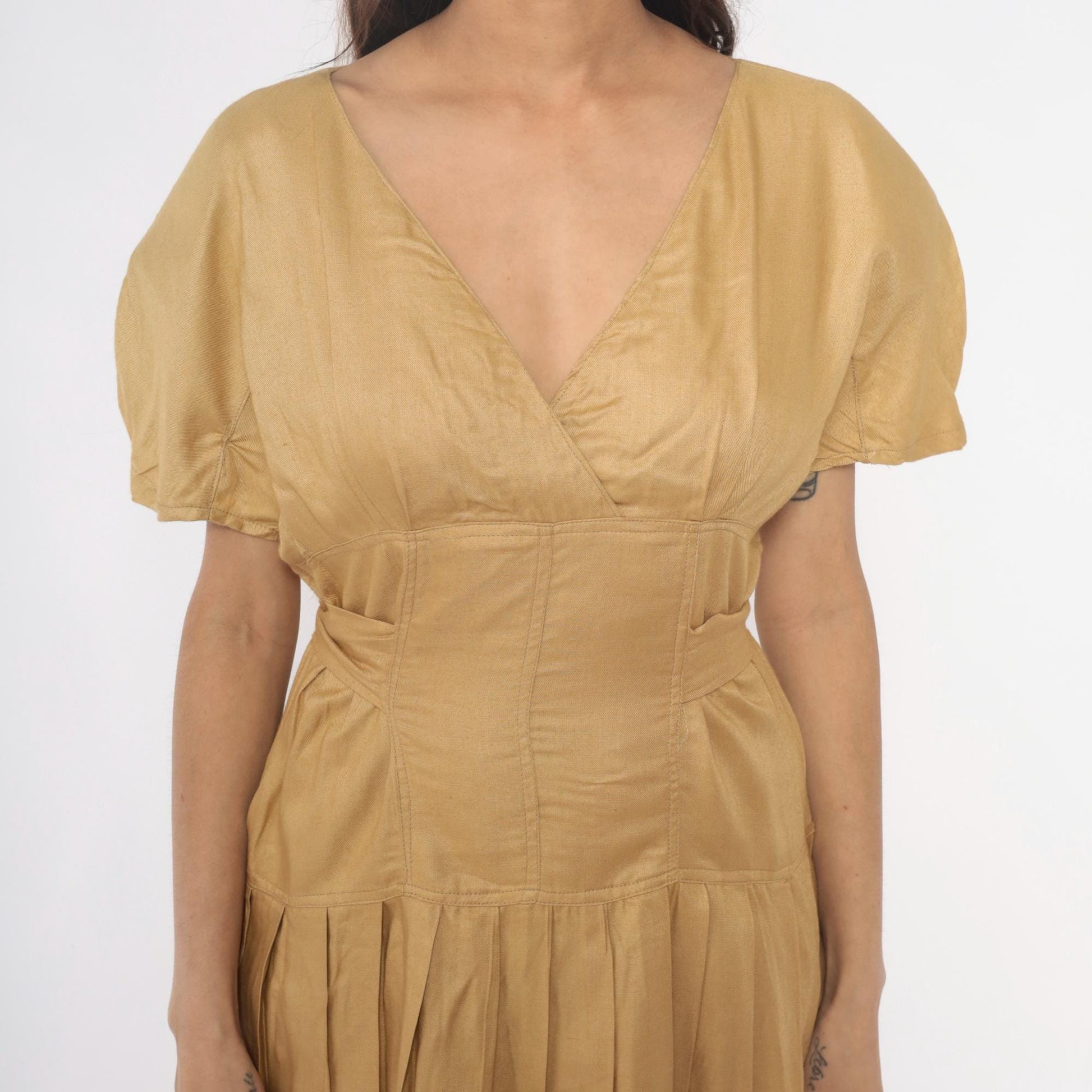 80s Golden Yellow Sundress Puff Sleeve V-Neck Tie Waist Pleated Small S