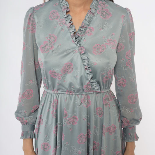 70s Floral Dress Silver Pink Long Sleeve Ruffle V-Neck Pleated Midi Small