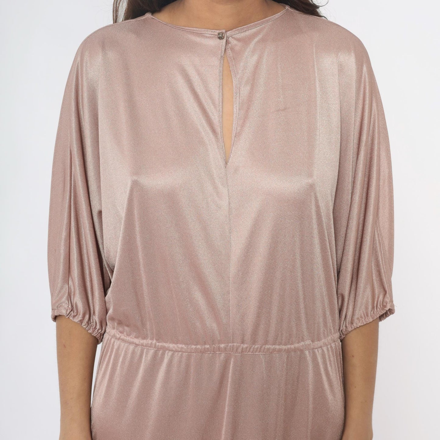 70s Blush Pink Satin Midi Dress Dolman Sleeve Keyhole Back Medium