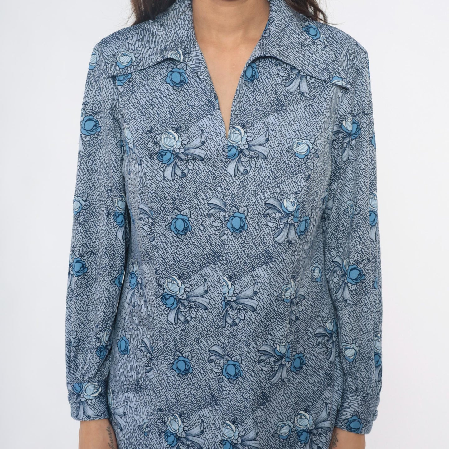 70s Blue-Gray Floral Bow Shirt Dress Pointed Collar Knee-Length Large