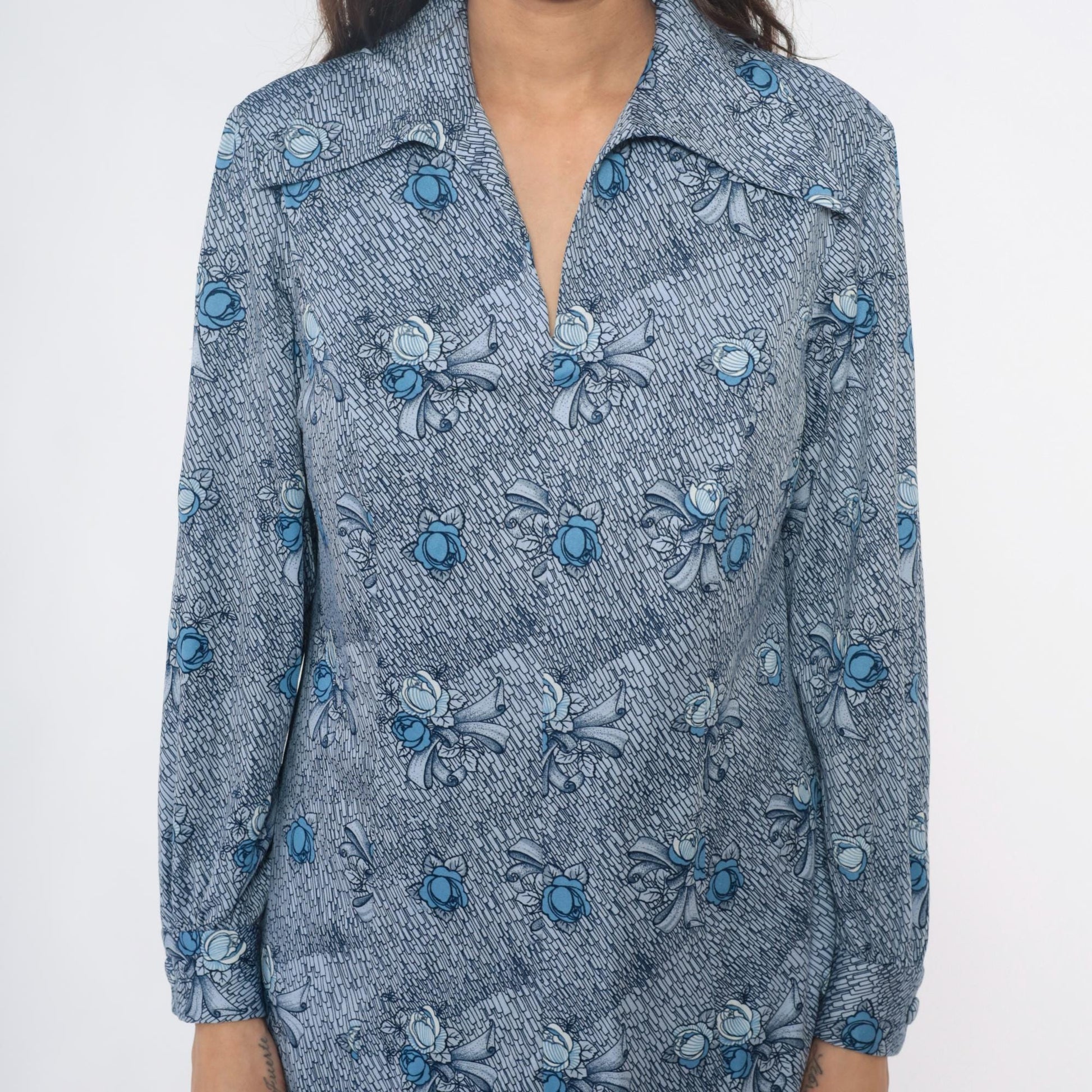 70s Blue-Gray Floral Bow Shirt Dress Pointed Collar Knee-Length Large