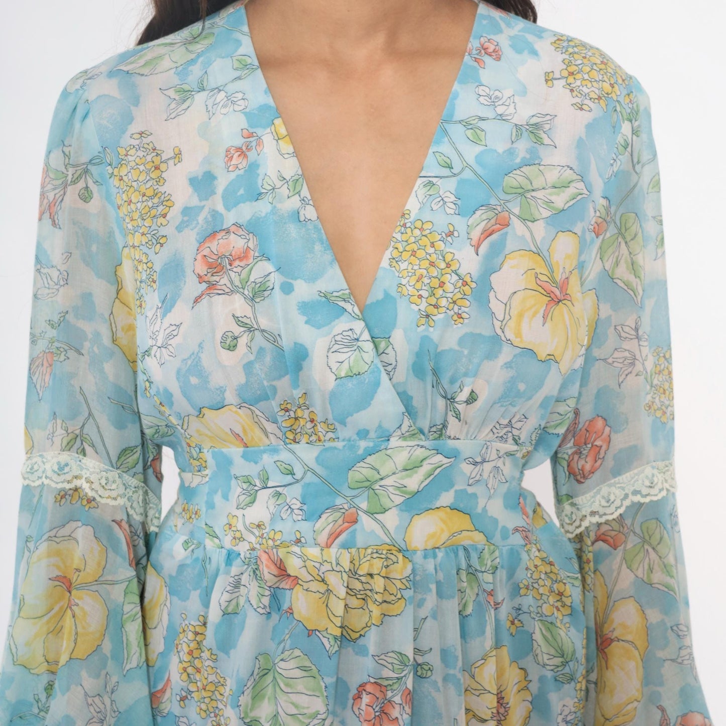 70s Light Blue Floral Maxi Dress Bell Sleeve Wrap Tie Waist Lace Trim Small Medium