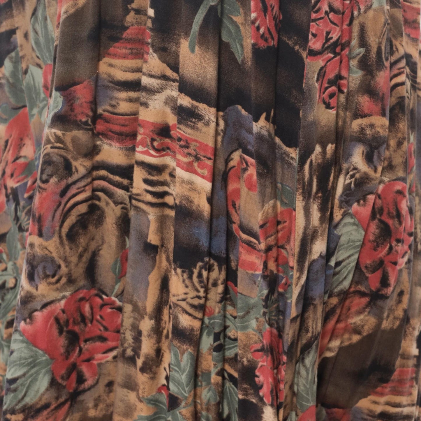90s Floral Animal Print Midi Skirt Pink Green Brown Rayon Medium Large