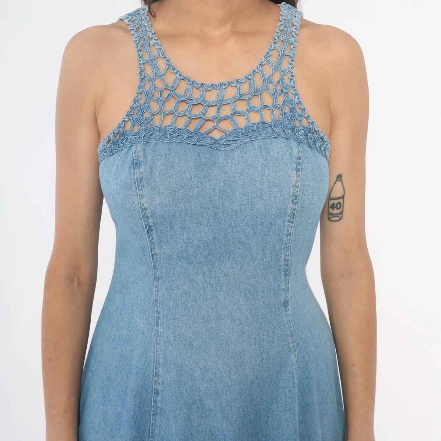 90s Jody California Denim Maxi Dress Light Blue Crochet Lace-Up Racerback Small