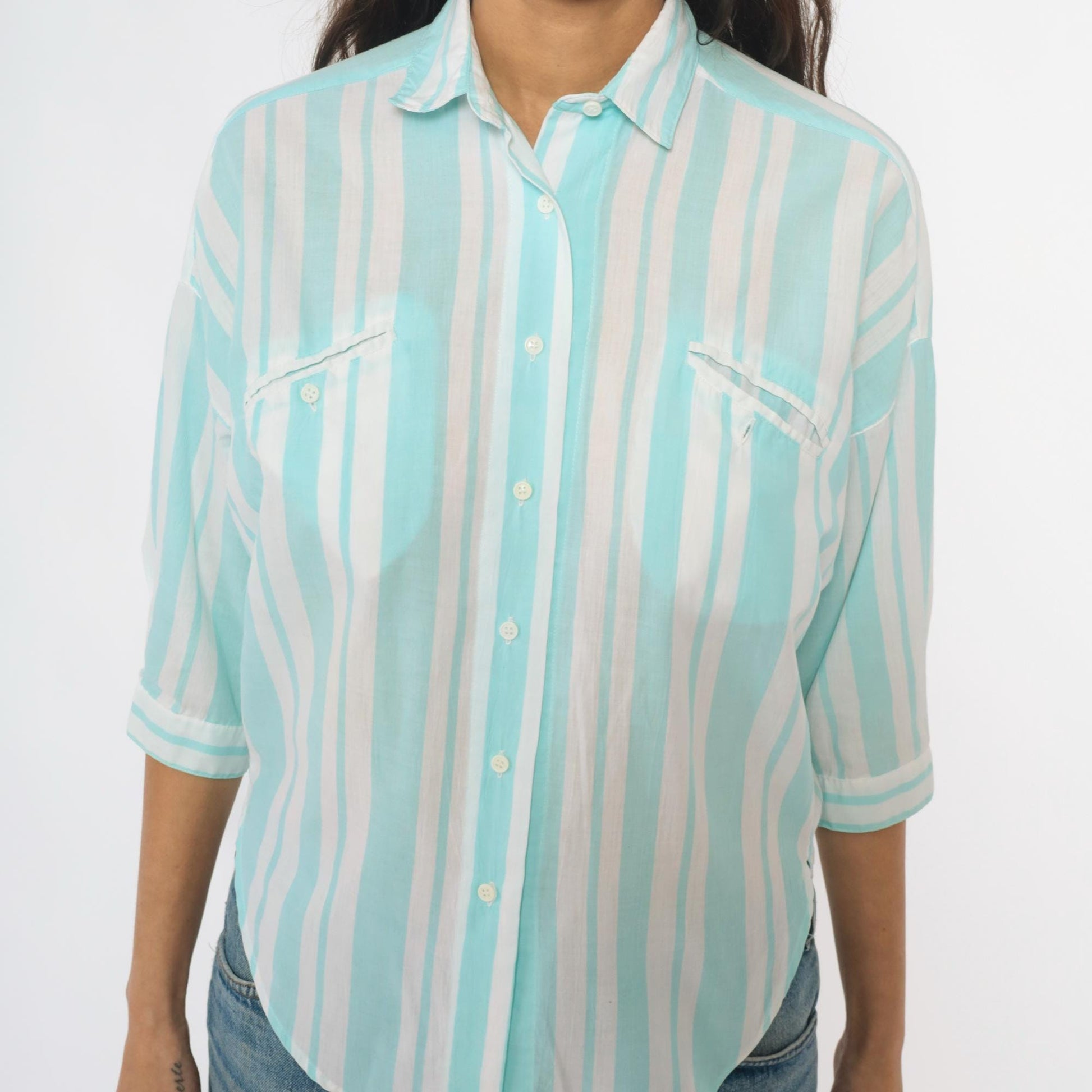 80s Diane von Furstenberg Mint Striped Button-Up Shirt Small S