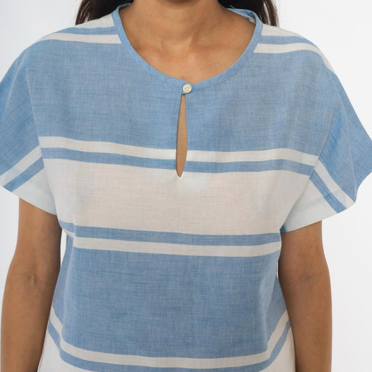 80s Graff Sport Blue White Striped Top Keyhole Neckline Small S